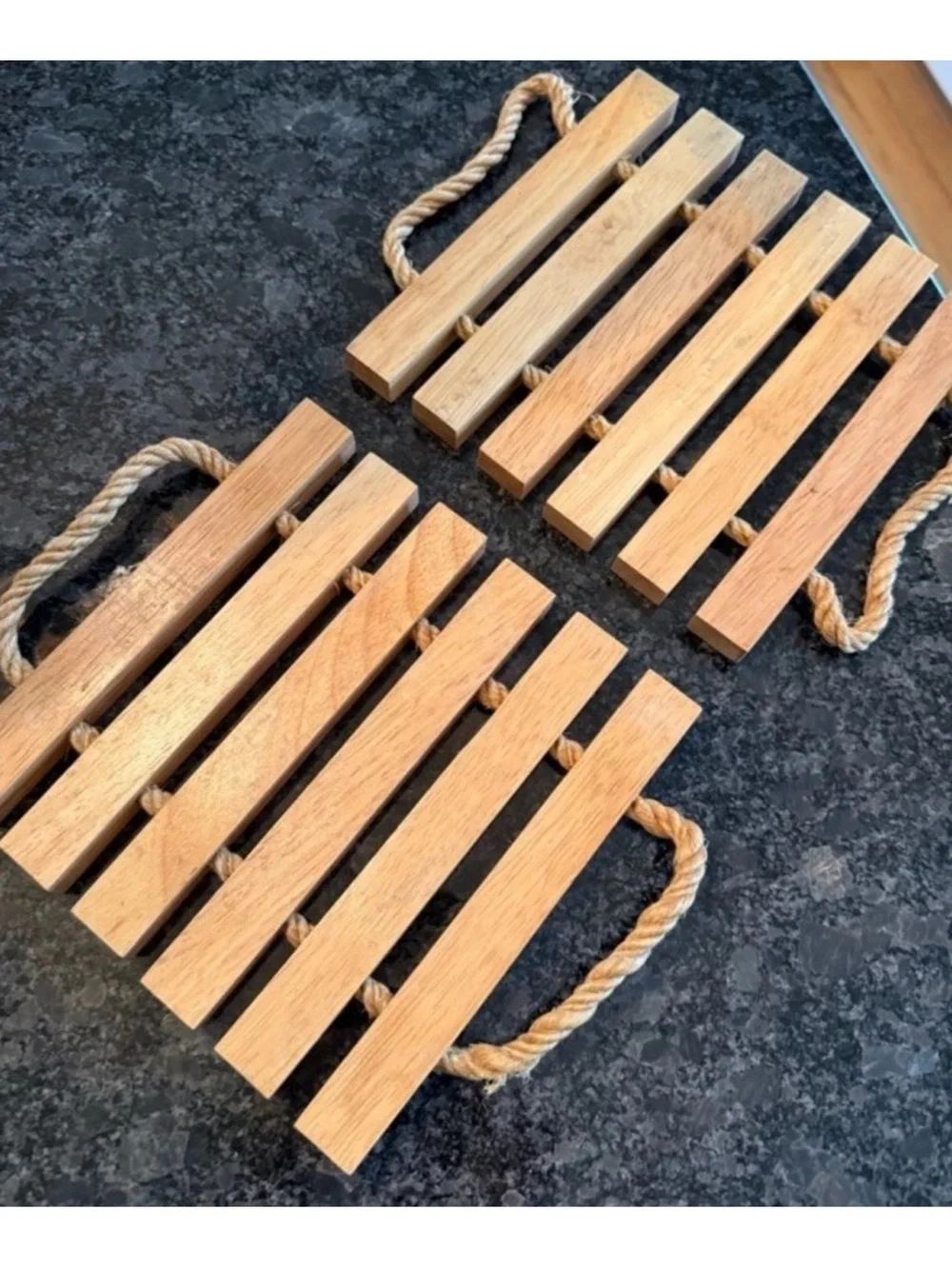 Vintage Dansk Solid Teak Wood Slat Trivets w/ Rope Handles Set of 2